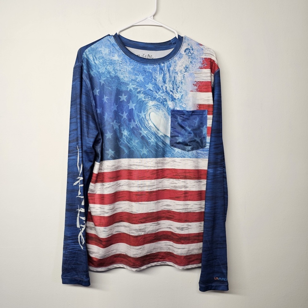 Salt Life Live Salty Long Sleeve T-Shirt Men's Medium American Flag USA Stripes
